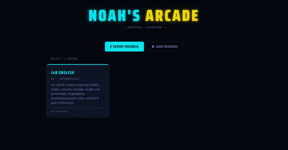 Student arcade home screen with a course card for J4B English
