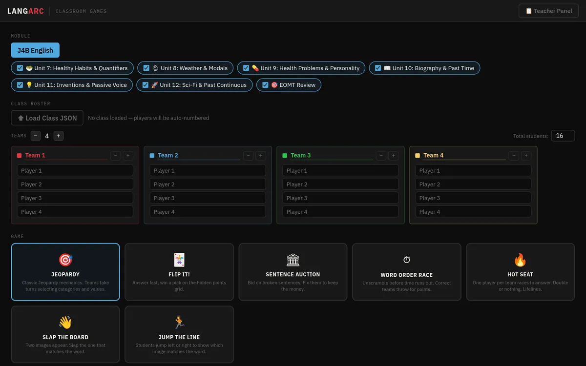 Classroom tool setup screen: course units, team rosters and a choice of game formats