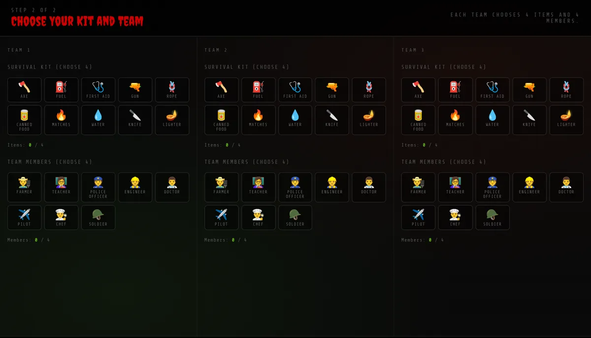 Zombie Survival Game setup screen where each team chooses survival items and team members