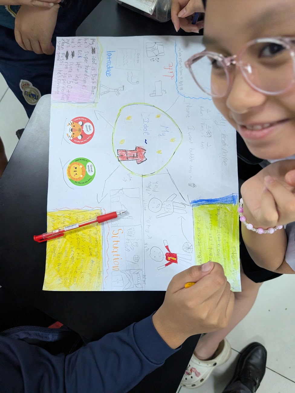 Students collaborating on a poster